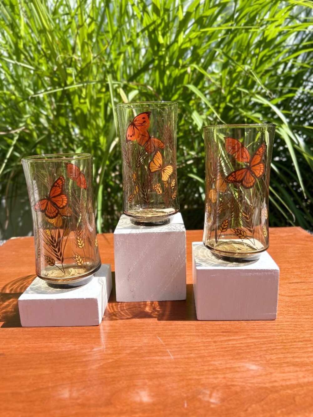 Vintage Libbey Monarch Butterfly Wheat Glass Tumblers.